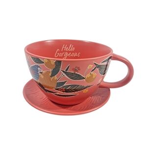 Threshold Latte Cup & Saucer Tropical Parrots Birds 16oz Red/Coral Stoneware